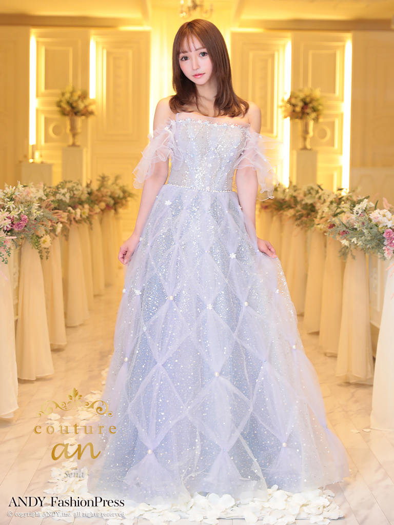 ガーリー オフショルダー フリル袖 スパンコール ビーズ チェック チュール バースデー レースアップ Aラインロングドレスのメイン画像1