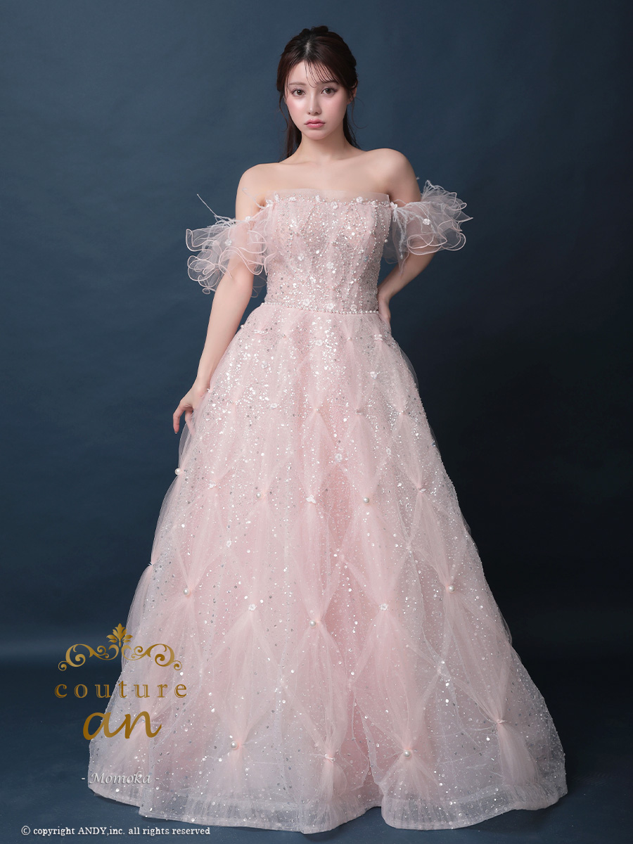 ガーリー オフショルダー フリル袖 スパンコール ビーズ チェック チュール バースデー レースアップ Aラインロングドレスのメイン画像1