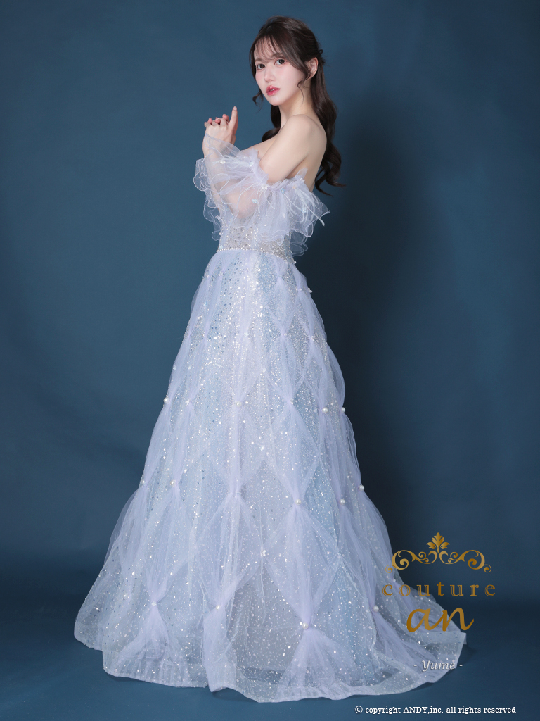 ガーリー オフショルダー フリル袖 スパンコール ビーズ チェック チュール バースデー レースアップ Aラインロングドレスの全身サイド画像1