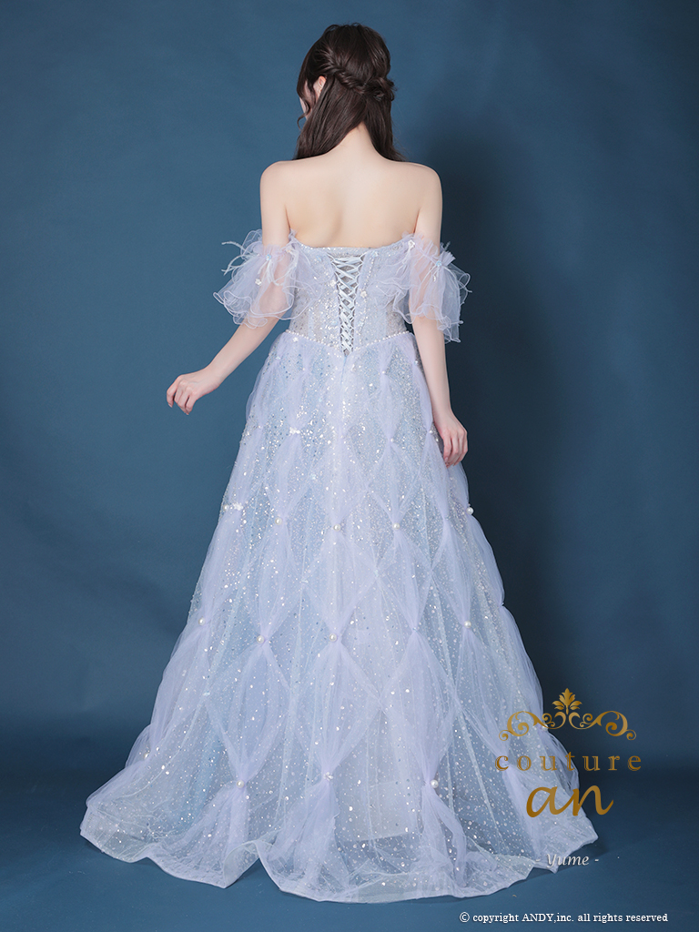 ガーリー オフショルダー フリル袖 スパンコール ビーズ チェック チュール バースデー レースアップ Aラインロングドレスの全身バック画像1