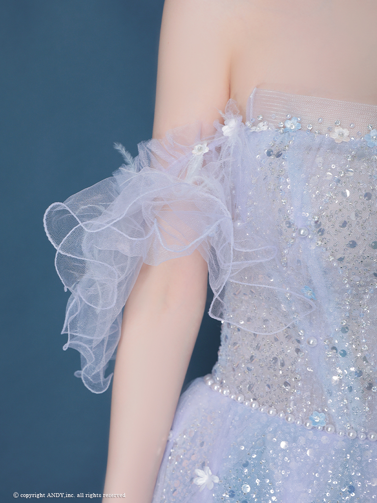 ガーリー オフショルダー フリル袖 スパンコール ビーズ チェック チュール バースデー レースアップ Aラインロングドレスの詳細画像2