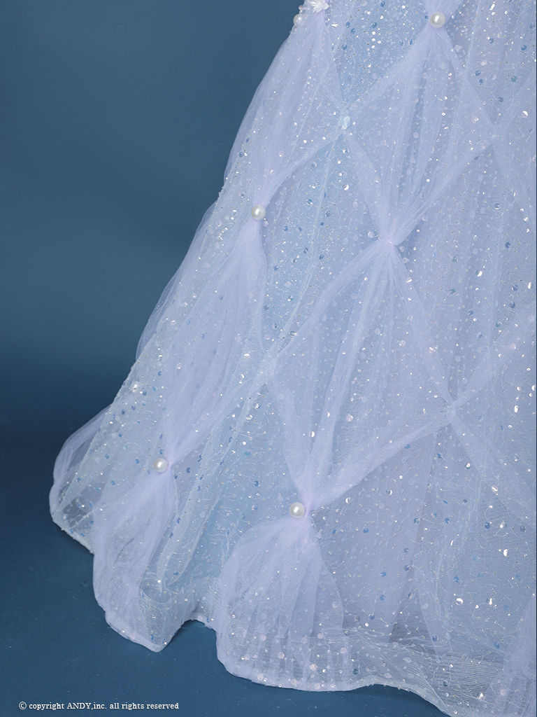 ガーリー オフショルダー フリル袖 スパンコール ビーズ チェック チュール バースデー レースアップ Aラインロングドレスの詳細画像3