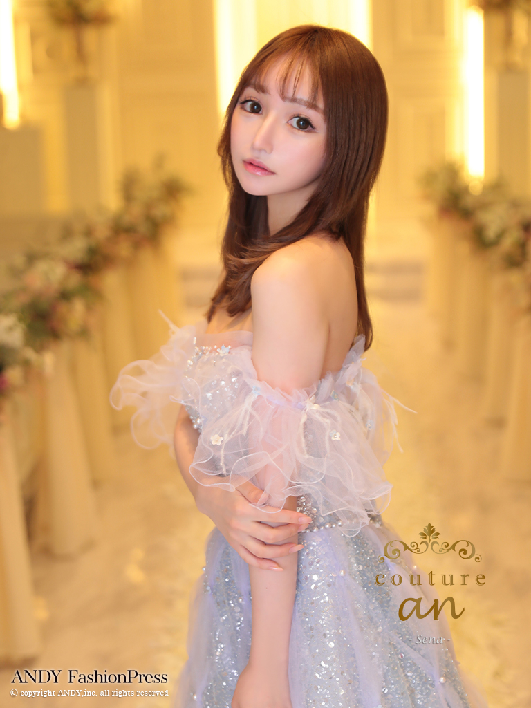 ガーリー オフショルダー フリル袖 スパンコール ビーズ チェック チュール バースデー レースアップ Aラインロングドレスの詳細画像3