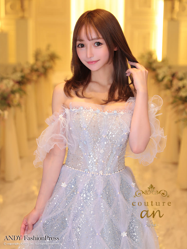 ガーリー オフショルダー フリル袖 スパンコール ビーズ チェック チュール バースデー レースアップ Aラインロングドレスの詳細画像3