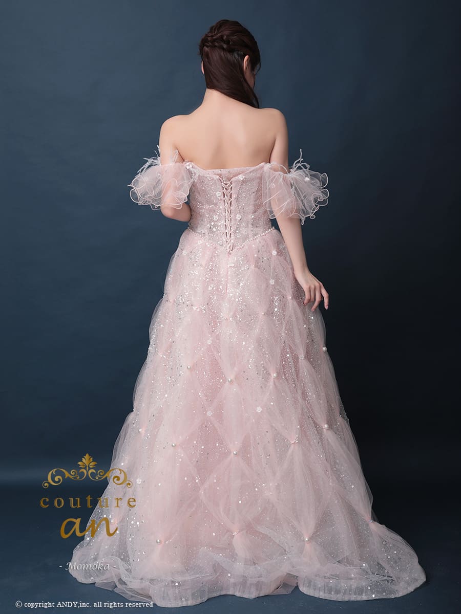 ガーリー オフショルダー フリル袖 スパンコール ビーズ チェック チュール バースデー レースアップ Aラインロングドレスの詳細画像3