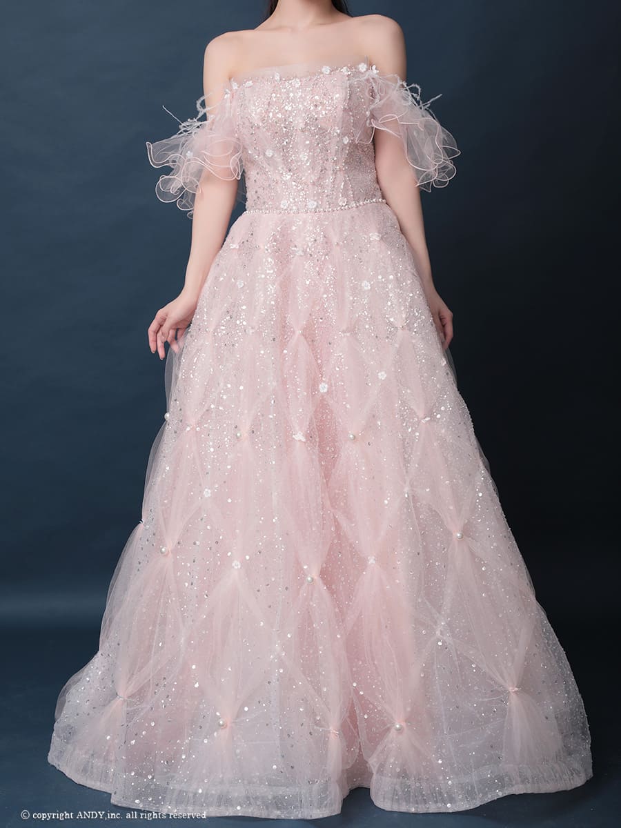 ガーリー オフショルダー フリル袖 スパンコール ビーズ チェック チュール バースデー レースアップ Aラインロングドレスの詳細画像3