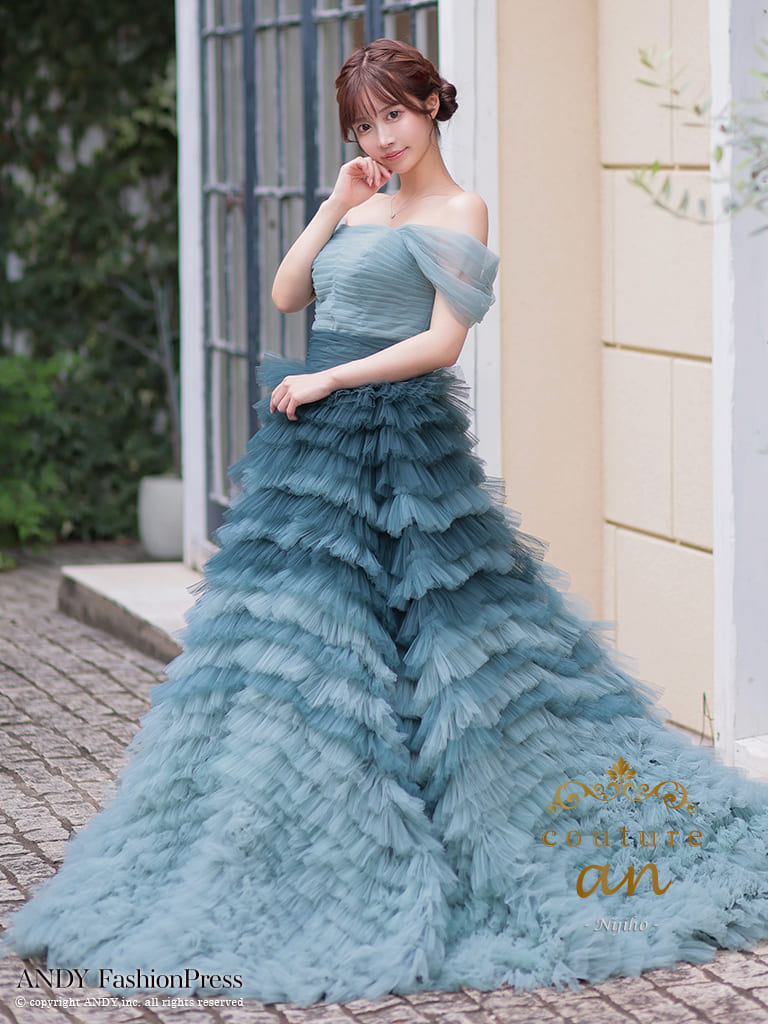 ガーリー オフショルダー シフォン ティアード バースデー レースアップ Aラインロングドレスのメイン画像1