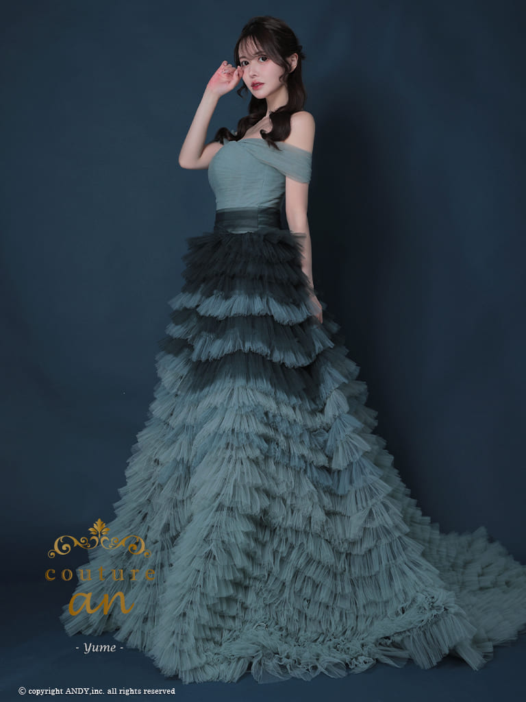 ガーリー オフショルダー シフォン ティアード バースデー レースアップ Aラインロングドレスの全身サイド画像1