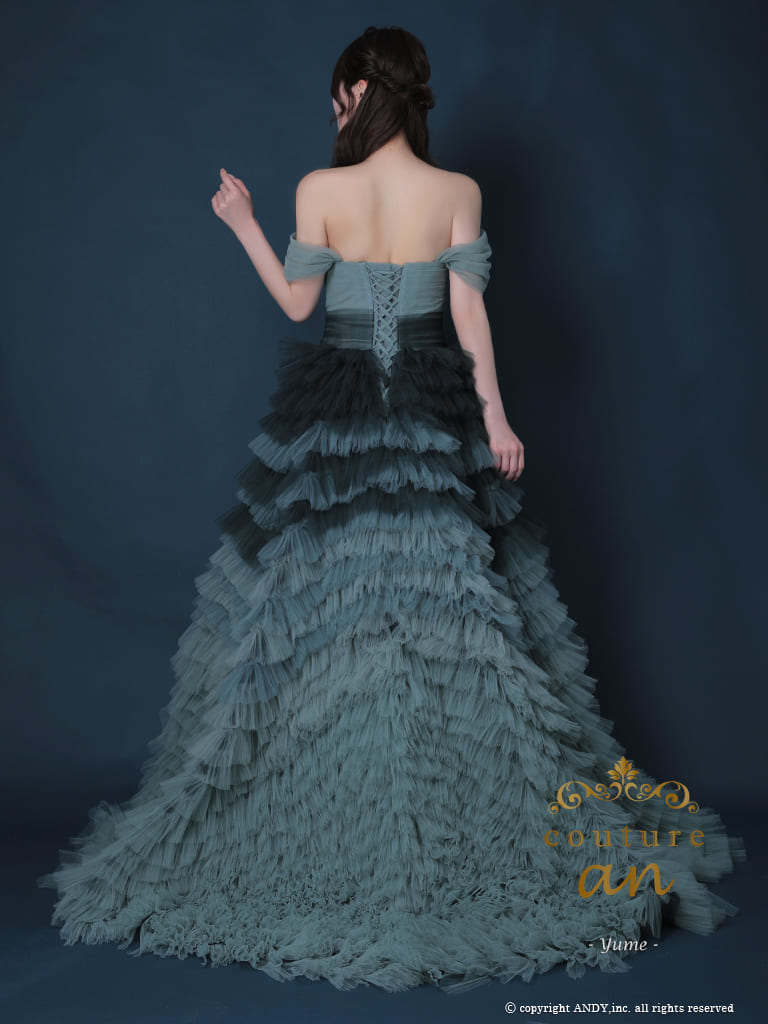 ガーリー オフショルダー シフォン ティアード バースデー レースアップ Aラインロングドレスの全身バック画像1