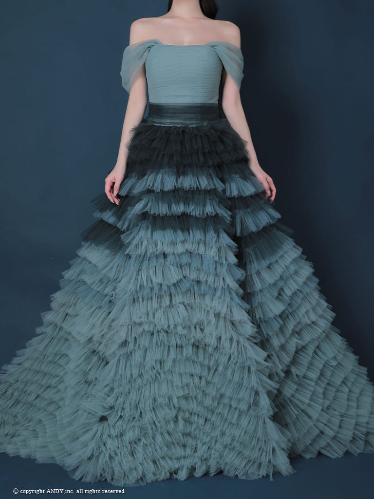 ガーリー オフショルダー シフォン ティアード バースデー レースアップ Aラインロングドレスの詳細画像1