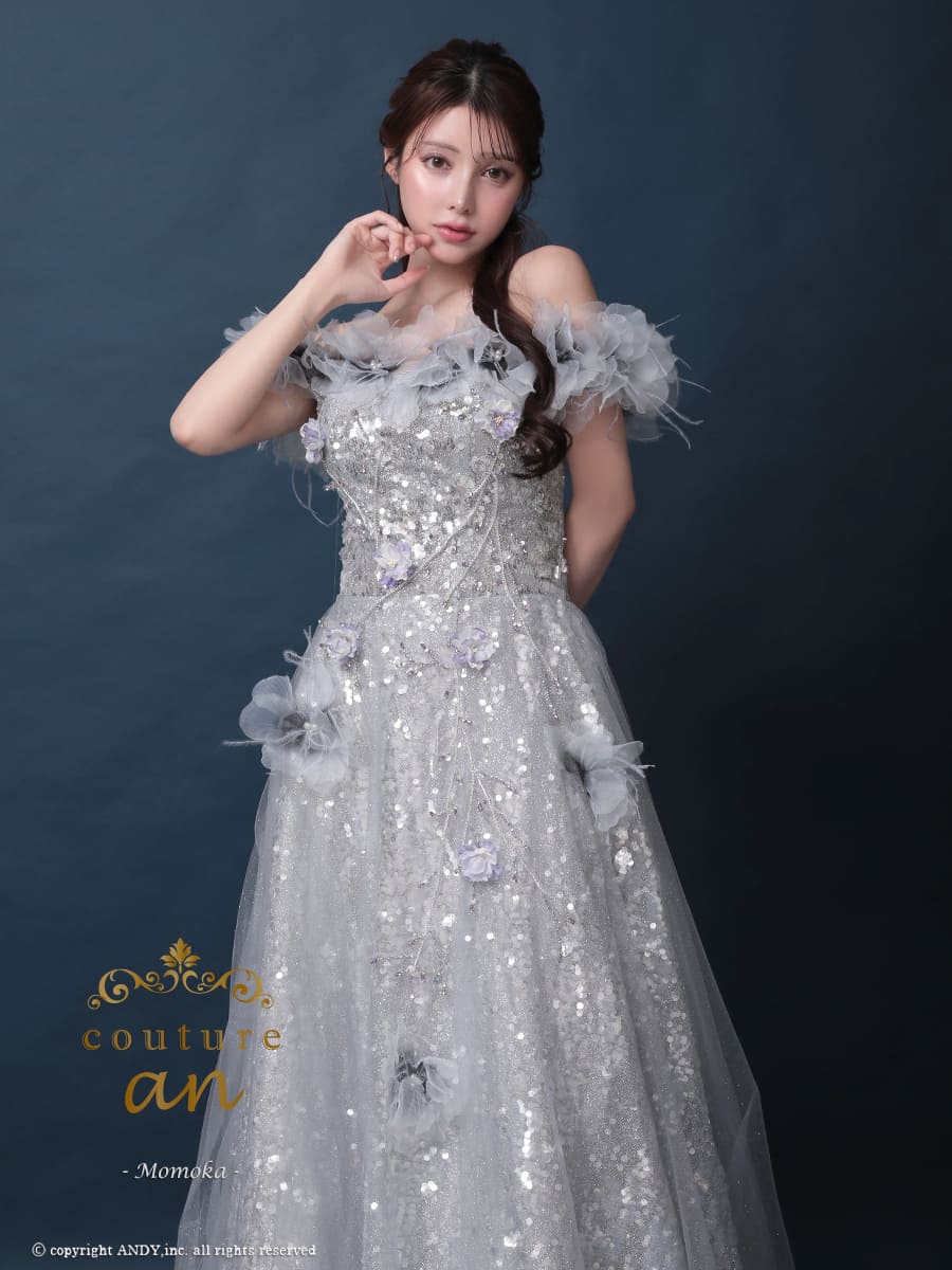 ガーリー オフショルダー スパンコール ビジュー フラワー バースデー レースアップ Aラインロングドレスの全身フロント画像1
