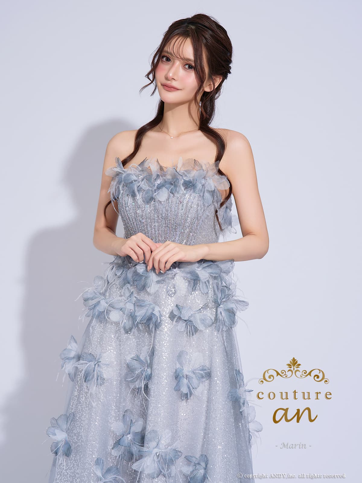 2way オフショルダー ベアトップ チュール レース ラメ 立体フラワー レースアップ バースデー Aラインロングドレスのメイン画像1