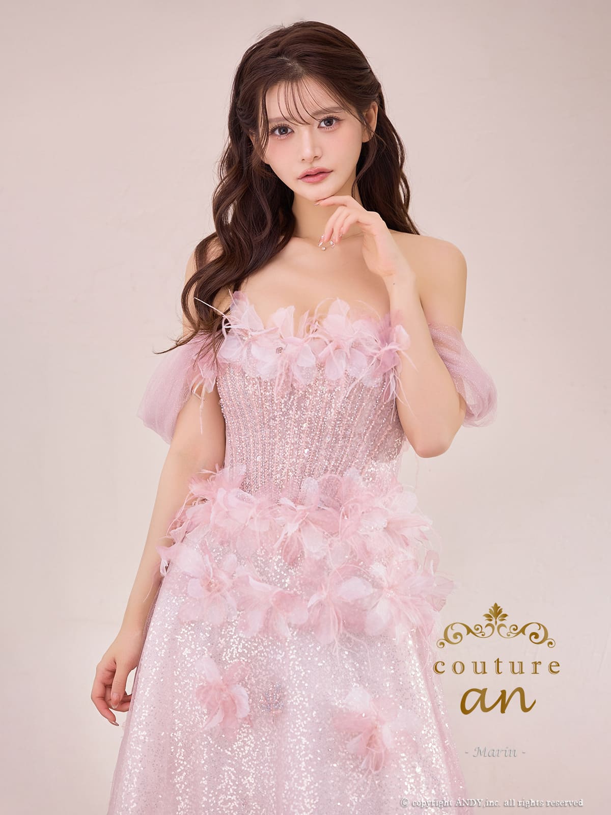 2way オフショルダー ベアトップ チュール レース ラメ 立体フラワー レースアップ バースデー Aラインロングドレスの全身フロント画像1