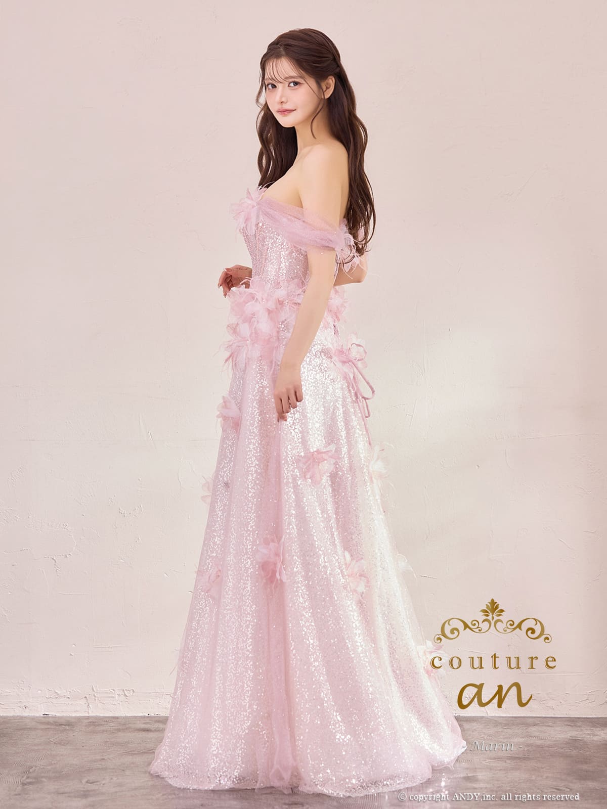 2way オフショルダー ベアトップ チュール レース ラメ 立体フラワー レースアップ バースデー Aラインロングドレスの全身サイド画像1