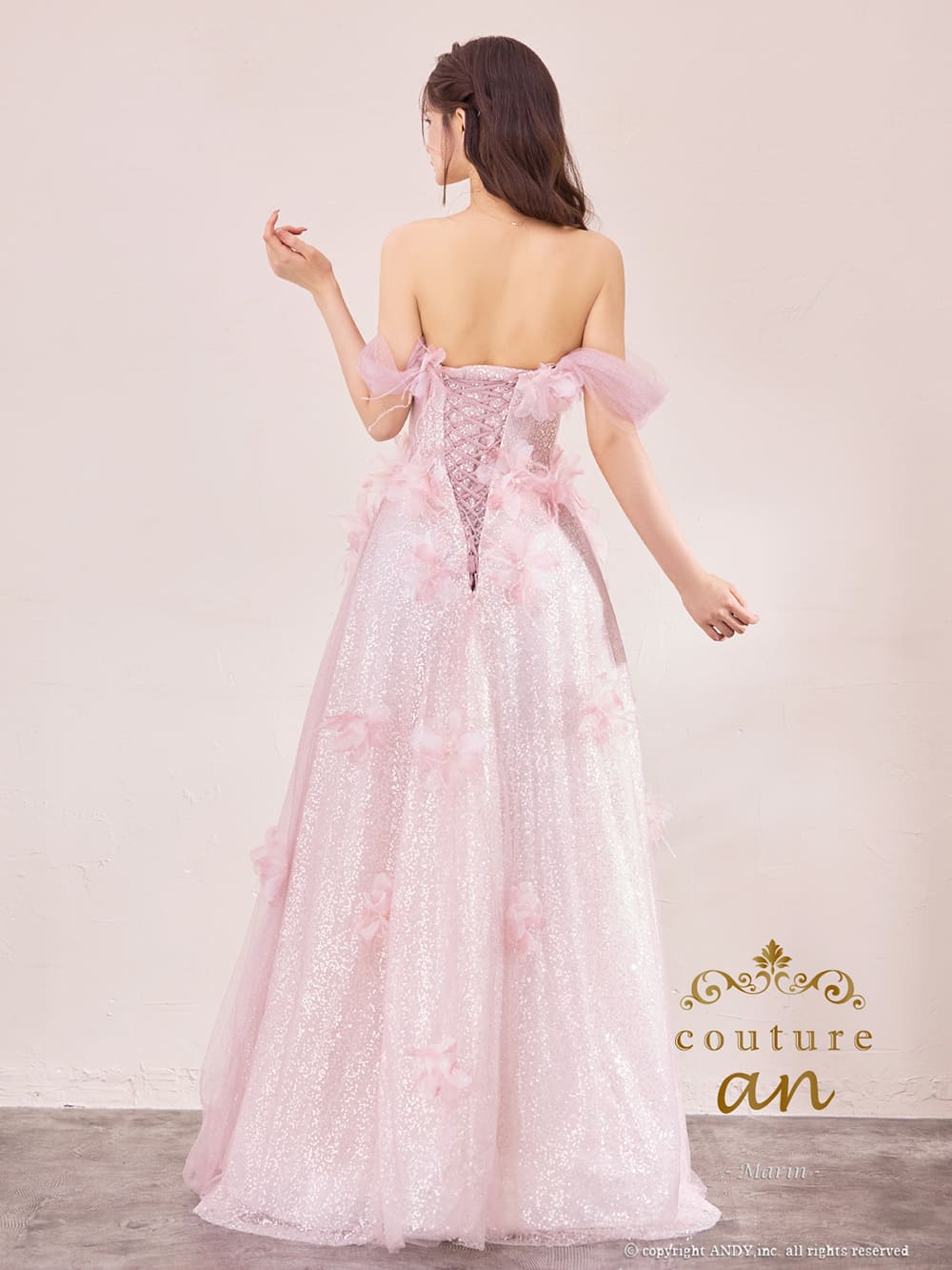 2way オフショルダー ベアトップ チュール レース ラメ 立体フラワー レースアップ バースデー Aラインロングドレスの全身バック画像1