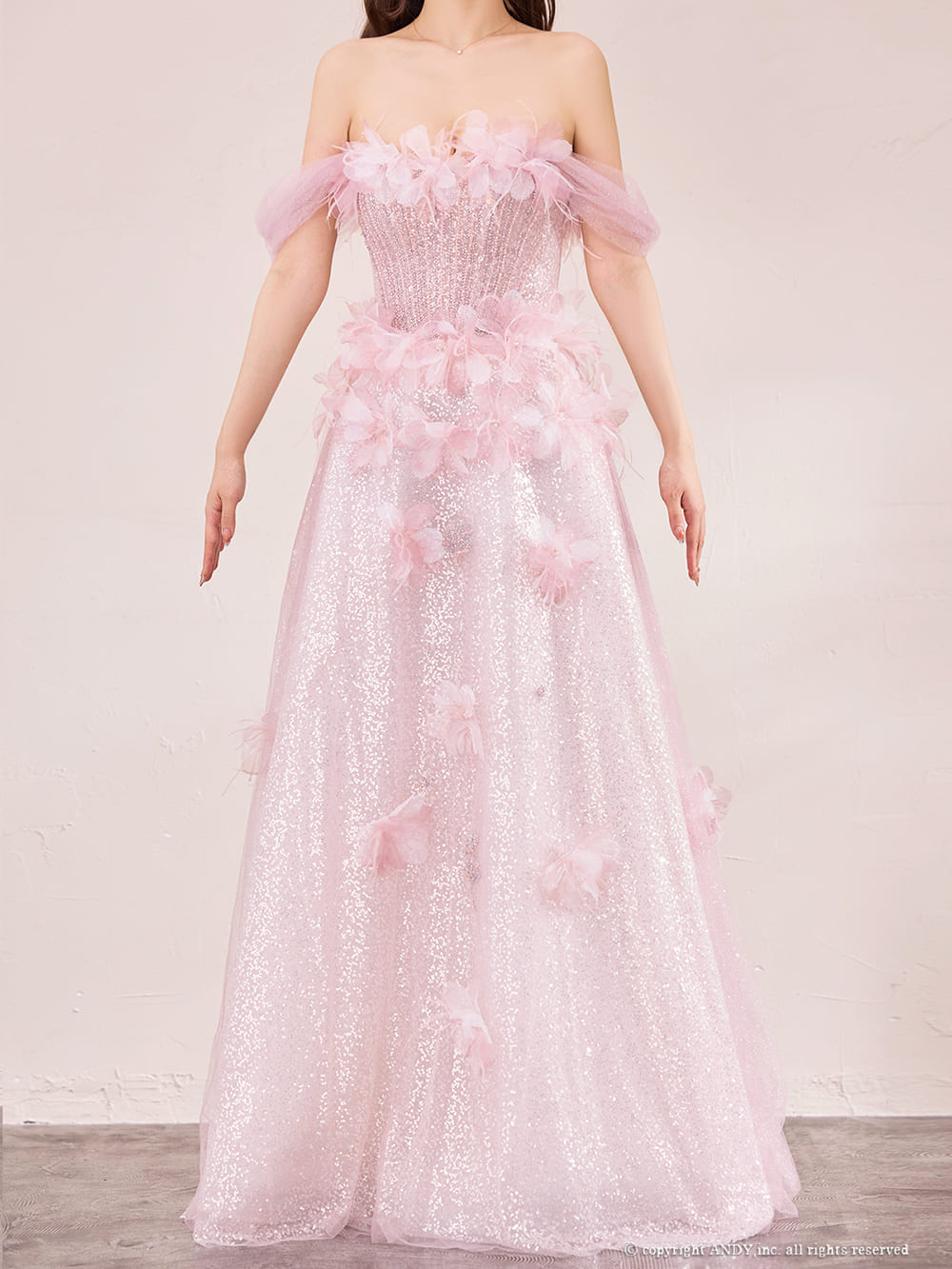 2way オフショルダー ベアトップ チュール レース ラメ 立体フラワー レースアップ バースデー Aラインロングドレスの詳細画像1