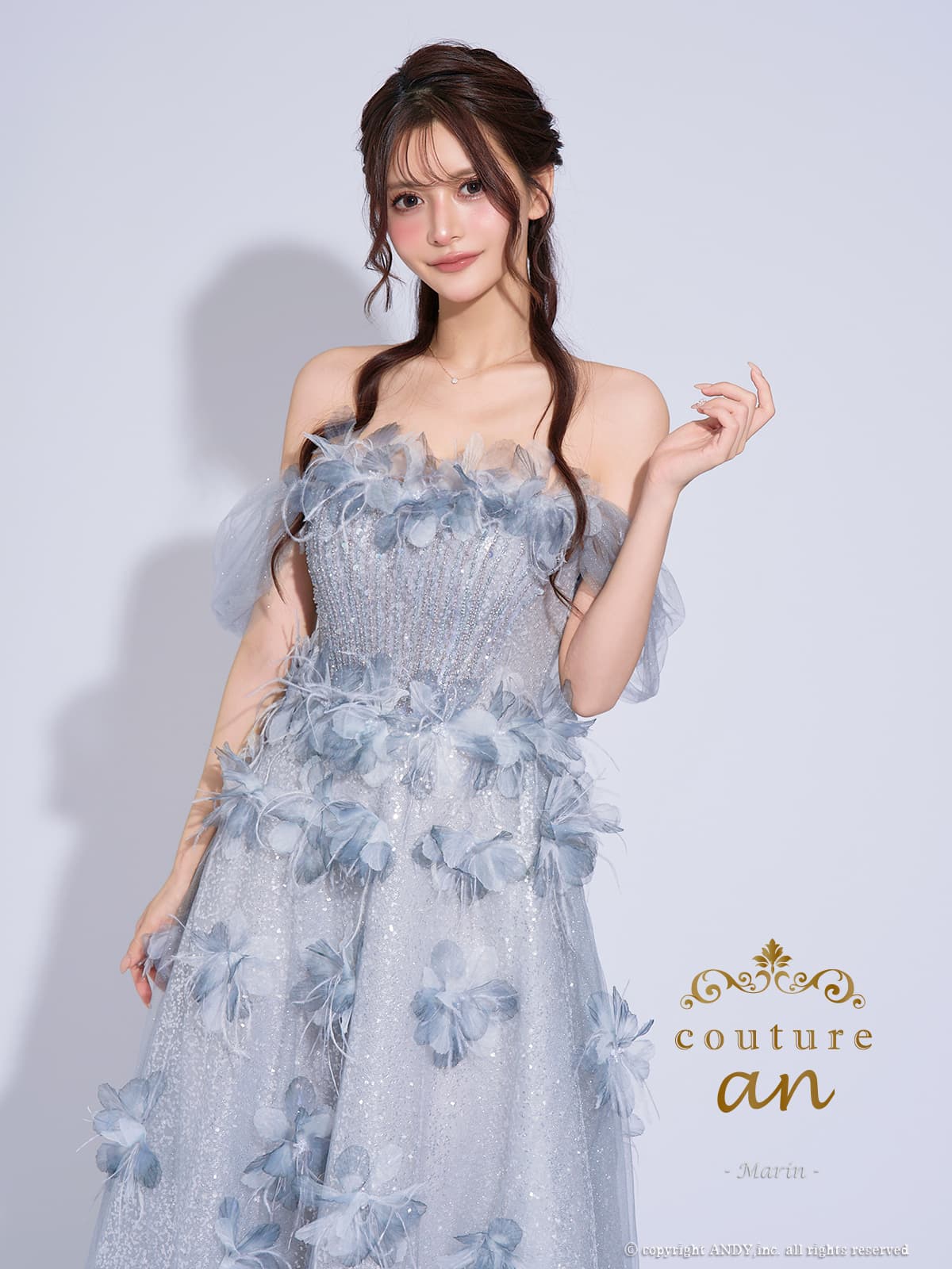 2way オフショルダー ベアトップ チュール レース ラメ 立体フラワー レースアップ バースデー Aラインロングドレスの詳細画像3