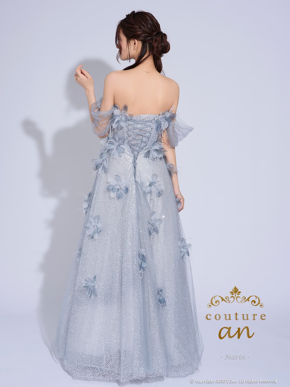 2way オフショルダー ベアトップ チュール レース ラメ 立体フラワー レースアップ バースデー Aラインロングドレスの詳細画像3