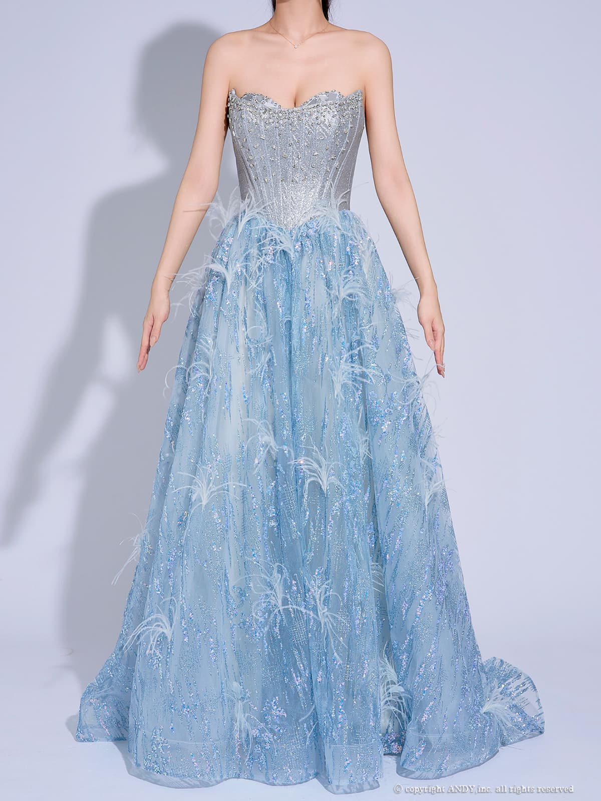 ベアトップ フェザー ビジュー グリッター チュール スパンコール レースアップ バースデー Aラインロングドレスの詳細画像1