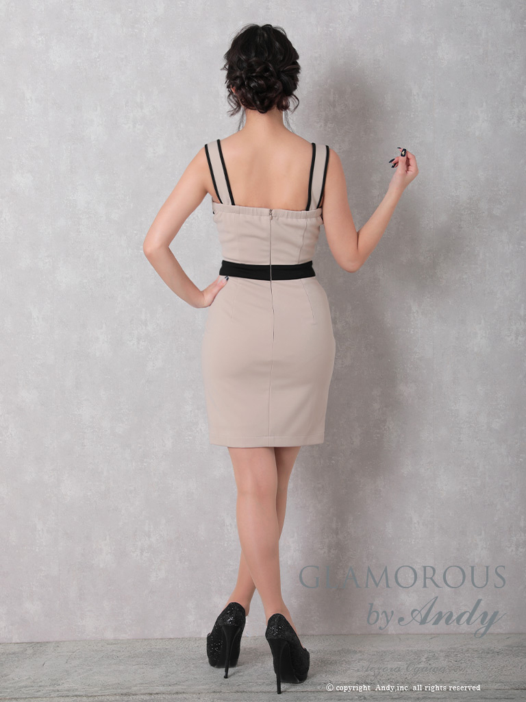 キャバドレス GLAMOROUS グラマラス ノースリーブ ジップデザイン バイカラー ボタン タイトミニドレスの全身フロント画像