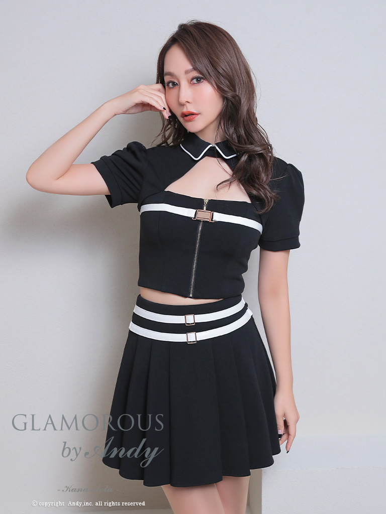 半袖 バストカット 襟付き バイカラー ジップデザイン セットアップ フレアミニドレスのメイン画像3