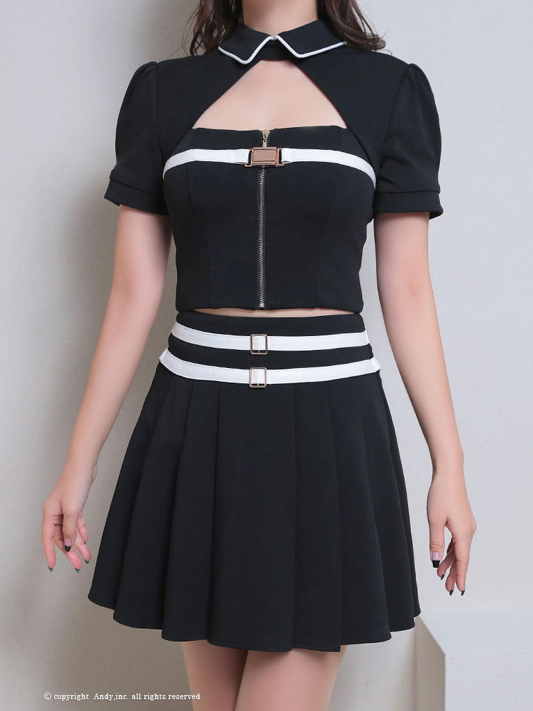 半袖 バストカット 襟付き バイカラー ジップデザイン セットアップ フレアミニドレスの詳細画像2