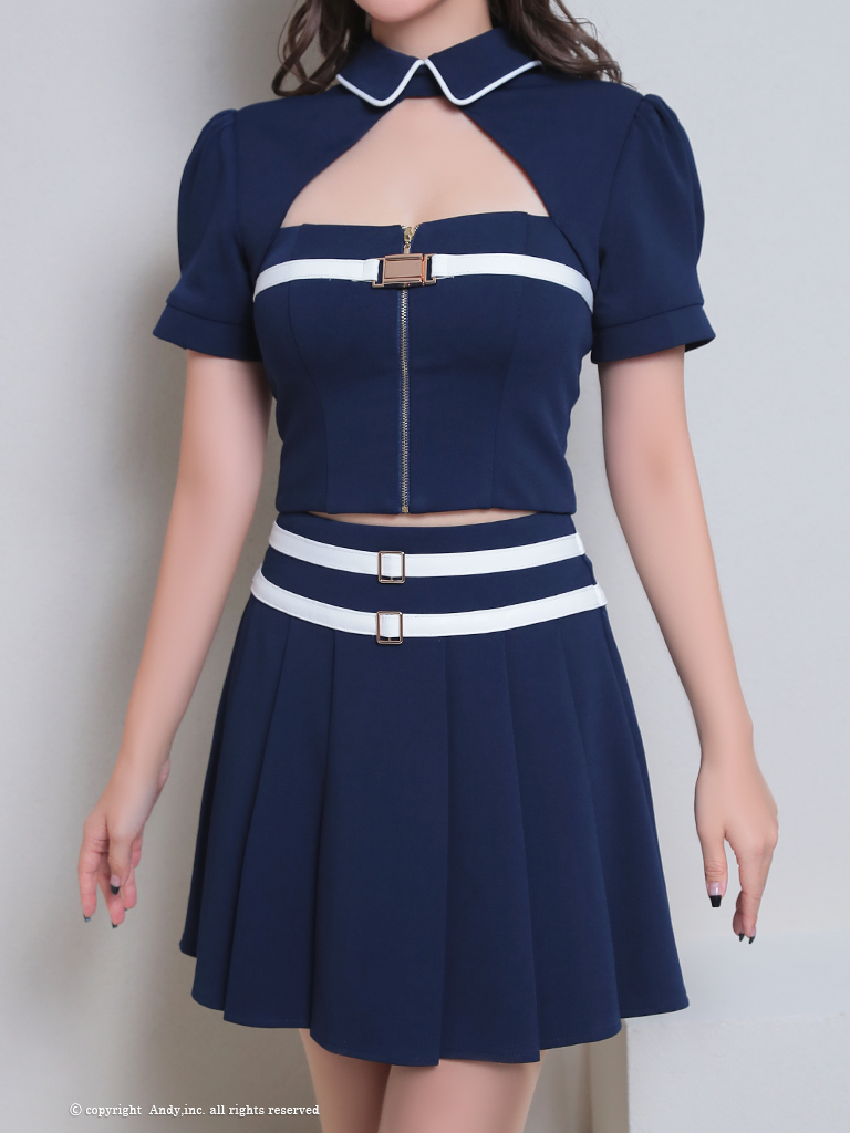 半袖 バストカット 襟付き バイカラー ジップデザイン セットアップ フレアミニドレスの詳細画像3