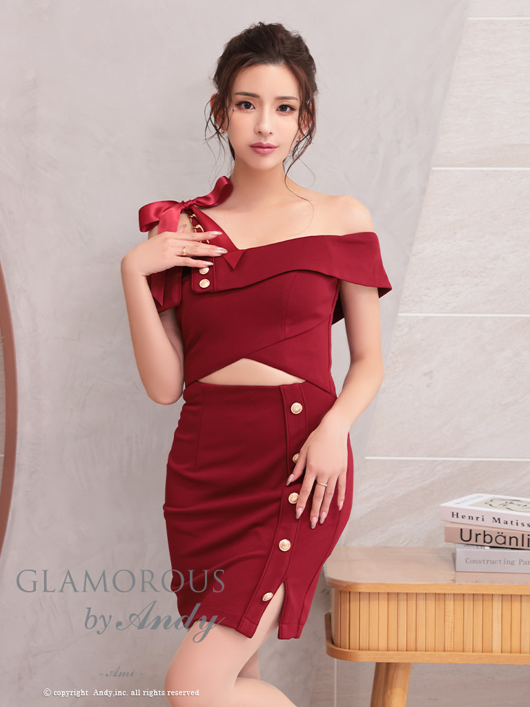 ワンカラー リボン オフショルダー スリット カットアウト チェーン ワンショルダー タイトミニドレスのメイン画像