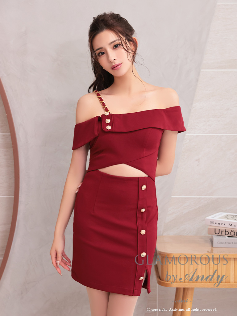 ワンカラー リボン オフショルダー スリット カットアウト チェーン ワンショルダー タイトミニドレスのメイン画像1