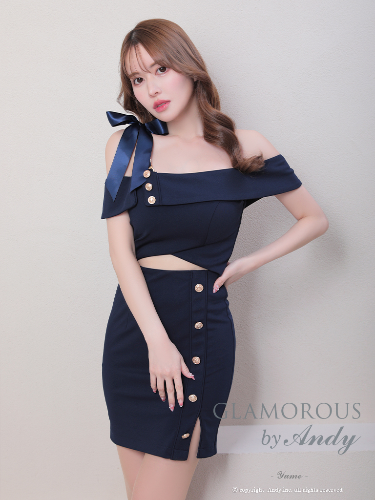 ワンカラー リボン オフショルダー スリット カットアウト チェーン ワンショルダー タイトミニドレスのメイン画像2