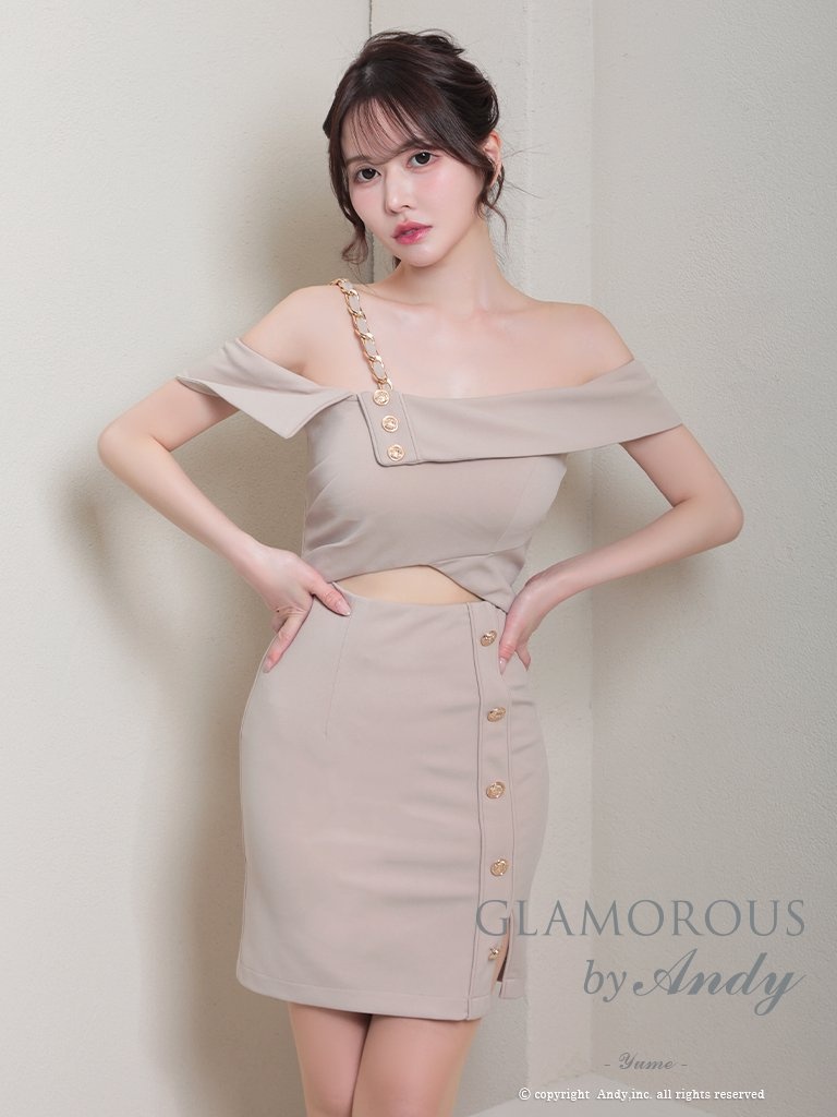 ワンカラー リボン オフショルダー スリット カットアウト チェーン ワンショルダー タイトミニドレスのメイン画像6