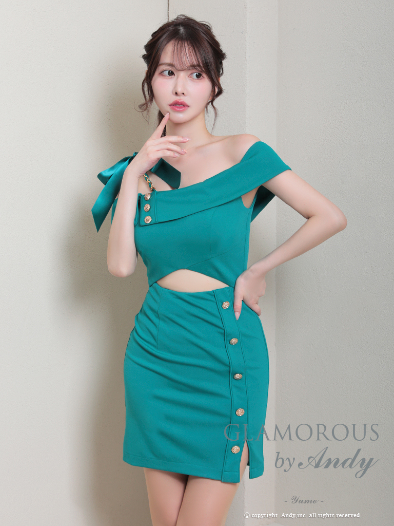 ワンカラー リボン オフショルダー スリット カットアウト チェーン ワンショルダー タイトミニドレスのメイン画像9