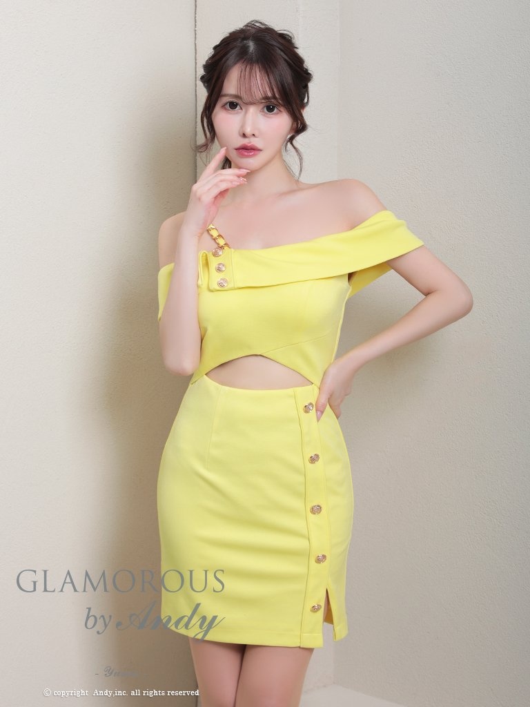 ワンカラー リボン オフショルダー スリット カットアウト チェーン ワンショルダー タイトミニドレスのメイン画像12