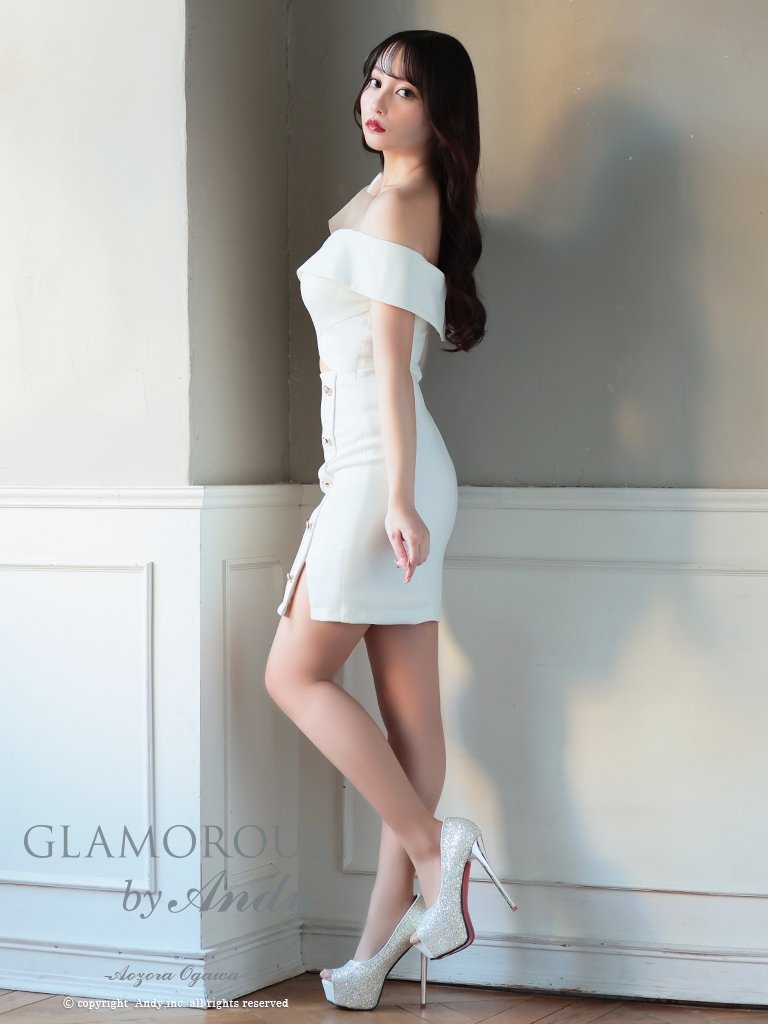 ワンカラー リボン オフショルダー スリット カットアウト チェーン ワンショルダー タイトミニドレスのサイド画像3