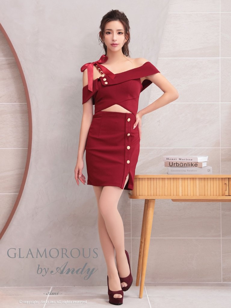 ワンカラー リボン オフショルダー スリット カットアウト チェーン ワンショルダー タイトミニドレスのフロント画像6