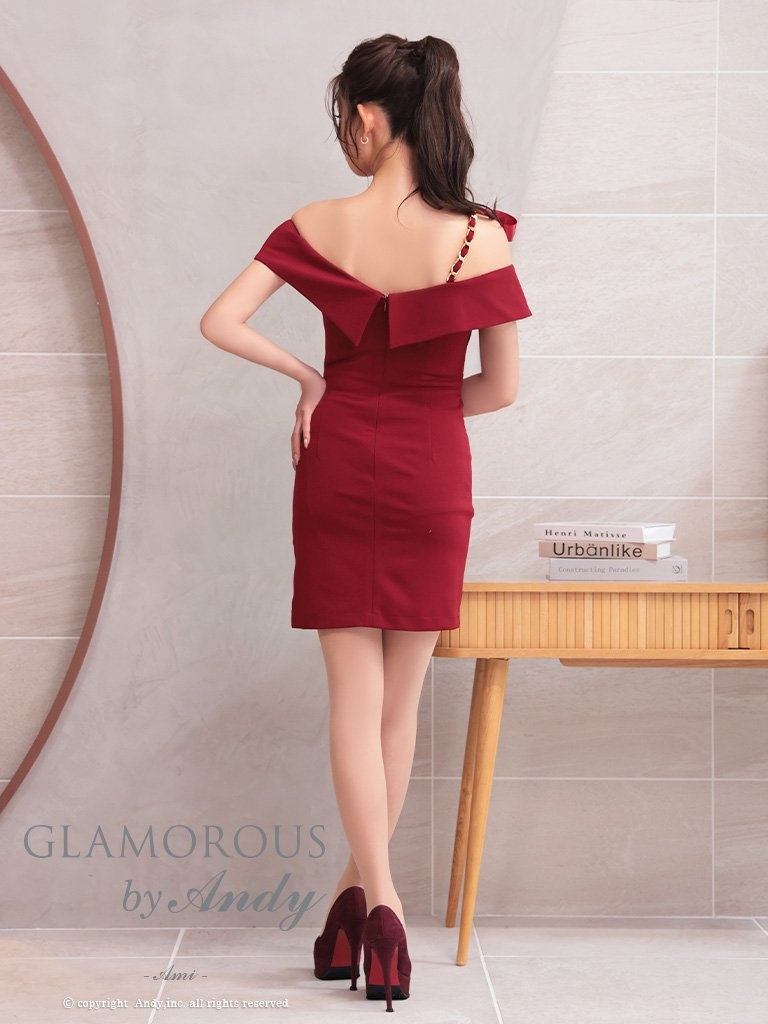 ワンカラー リボン オフショルダー スリット カットアウト チェーン ワンショルダー タイトミニドレスのバック画像6