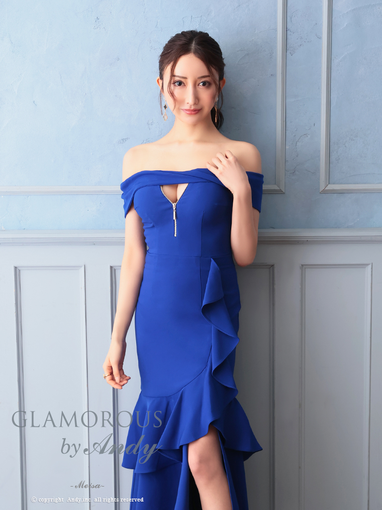 ワンカラー マーメイド スリット フリル ジップデザイン アシンメトリー オフショルダー 半袖 マーメイドロングドレスのメイン画像6