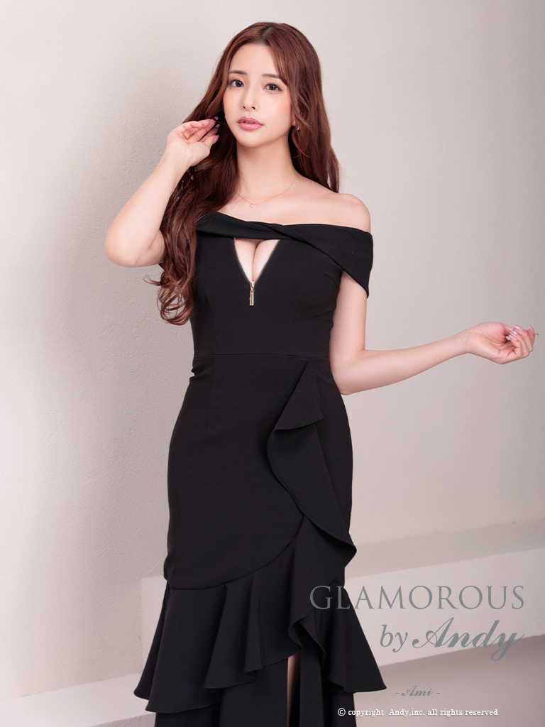 ワンカラー マーメイド スリット フリル ジップデザイン アシンメトリー オフショルダー 半袖 マーメイドロングドレスのメイン画像7