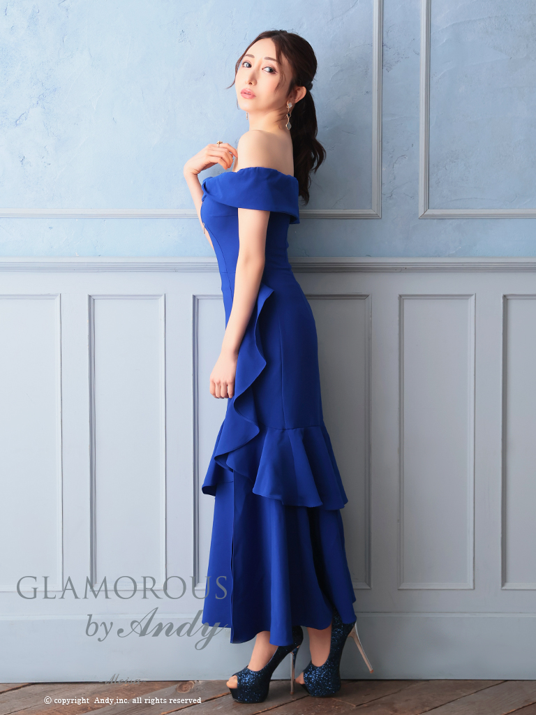 ワンカラー マーメイド スリット フリル ジップデザイン アシンメトリー オフショルダー 半袖 マーメイドロングドレスの全身サイド画像1