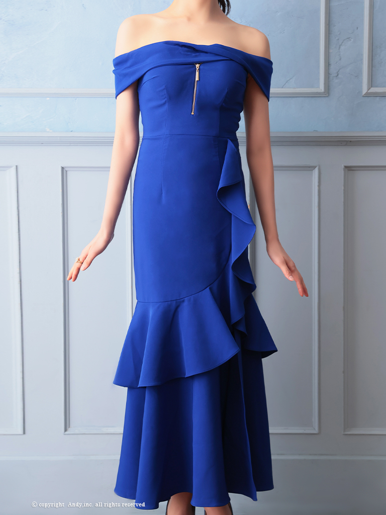 ワンカラー マーメイド スリット フリル ジップデザイン アシンメトリー オフショルダー 半袖 マーメイドロングドレスの詳細画像