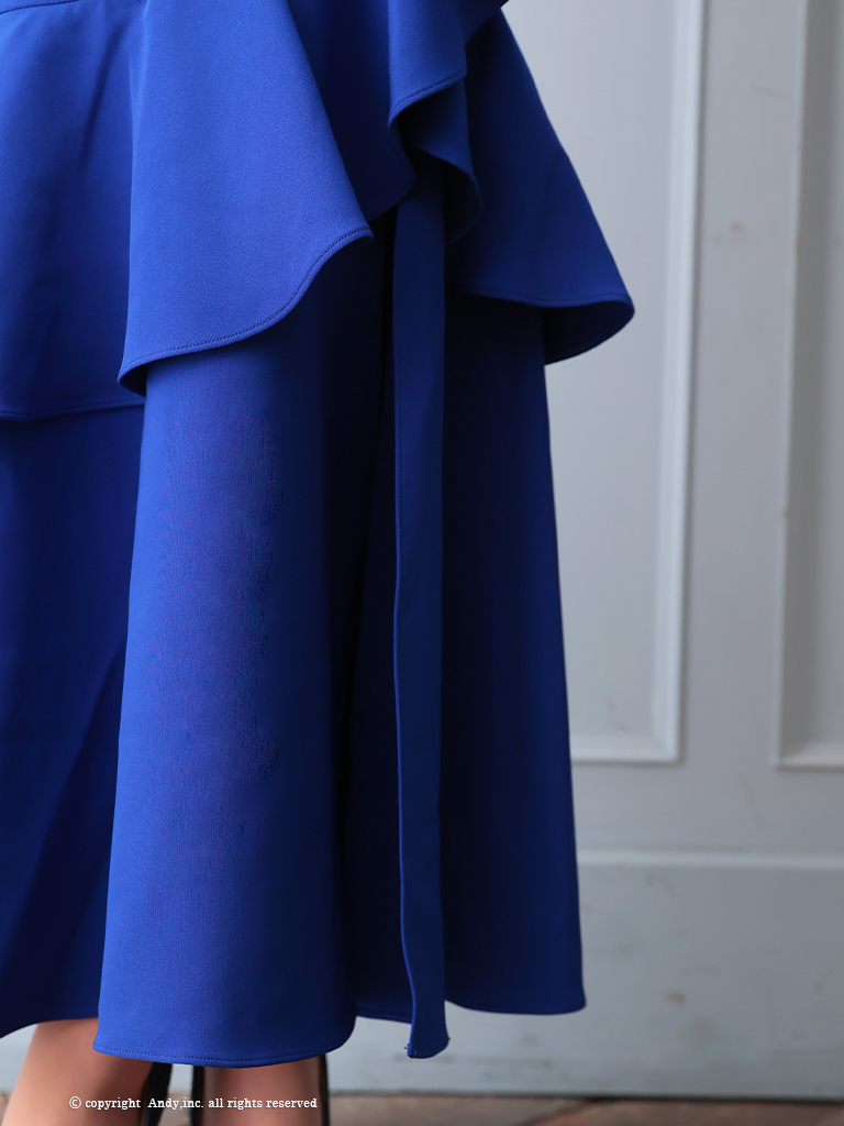 ワンカラー マーメイド スリット フリル ジップデザイン アシンメトリー オフショルダー 半袖 マーメイドロングドレスの詳細画像1