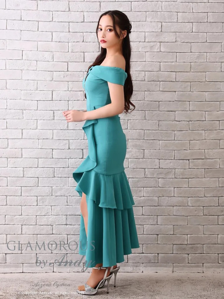 ワンカラー マーメイド スリット フリル ジップデザイン アシンメトリー オフショルダー 半袖 マーメイドロングドレスの全身サイド画像2