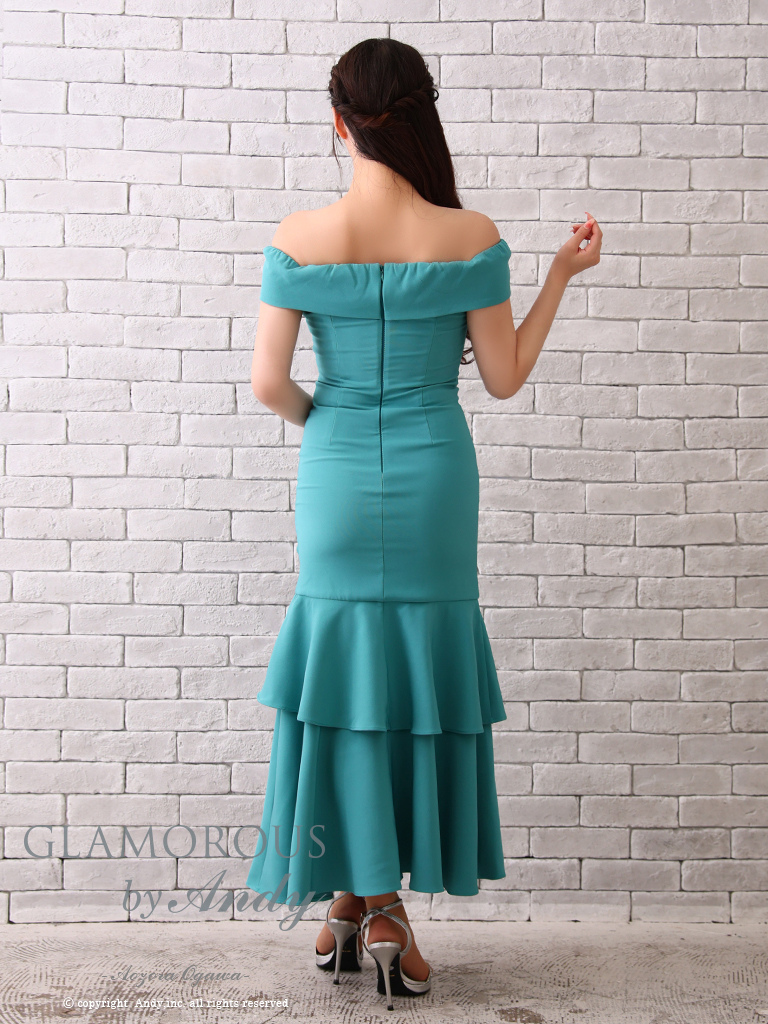 ワンカラー マーメイド スリット フリル ジップデザイン アシンメトリー オフショルダー 半袖 マーメイドロングドレスの全身バック画像2