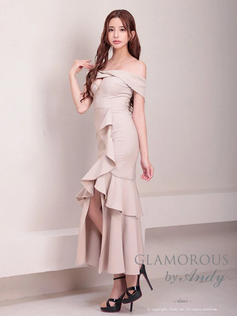 ワンカラー マーメイド スリット フリル ジップデザイン アシンメトリー オフショルダー 半袖 マーメイドロングドレスの全身サイド画像4