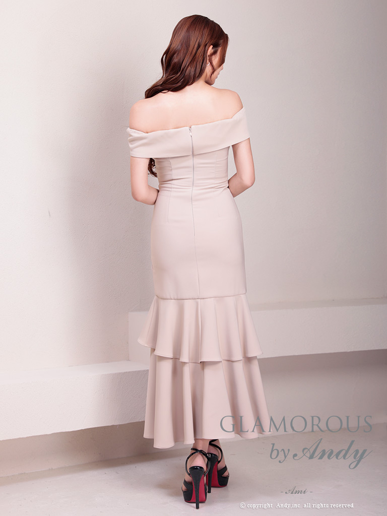 ワンカラー マーメイド スリット フリル ジップデザイン アシンメトリー オフショルダー 半袖 マーメイドロングドレスの全身バック画像4