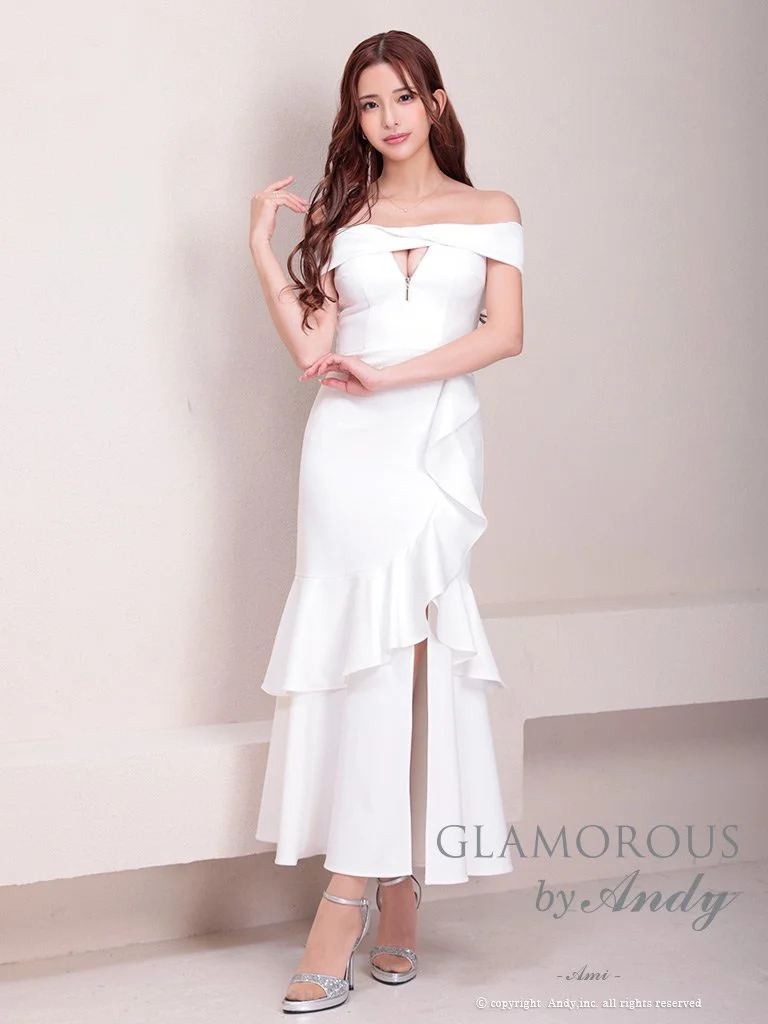 ワンカラー マーメイド スリット フリル ジップデザイン アシンメトリー オフショルダー 半袖 マーメイドロングドレスの全身フロント画像5