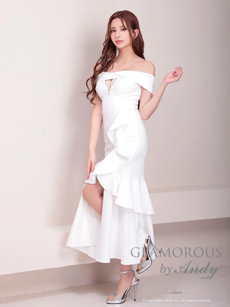 ワンカラー マーメイド スリット フリル ジップデザイン アシンメトリー オフショルダー 半袖 マーメイドロングドレスの全身サイド画像5