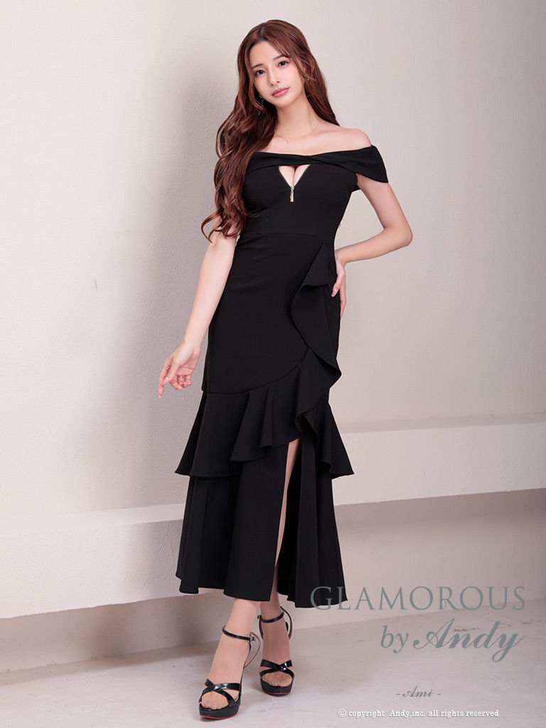 ワンカラー マーメイド スリット フリル ジップデザイン アシンメトリー オフショルダー 半袖 マーメイドロングドレスの全身フロント画像6