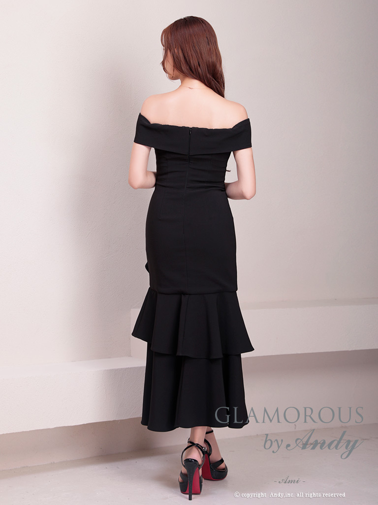 ワンカラー マーメイド スリット フリル ジップデザイン アシンメトリー オフショルダー 半袖 マーメイドロングドレスの全身バック画像6