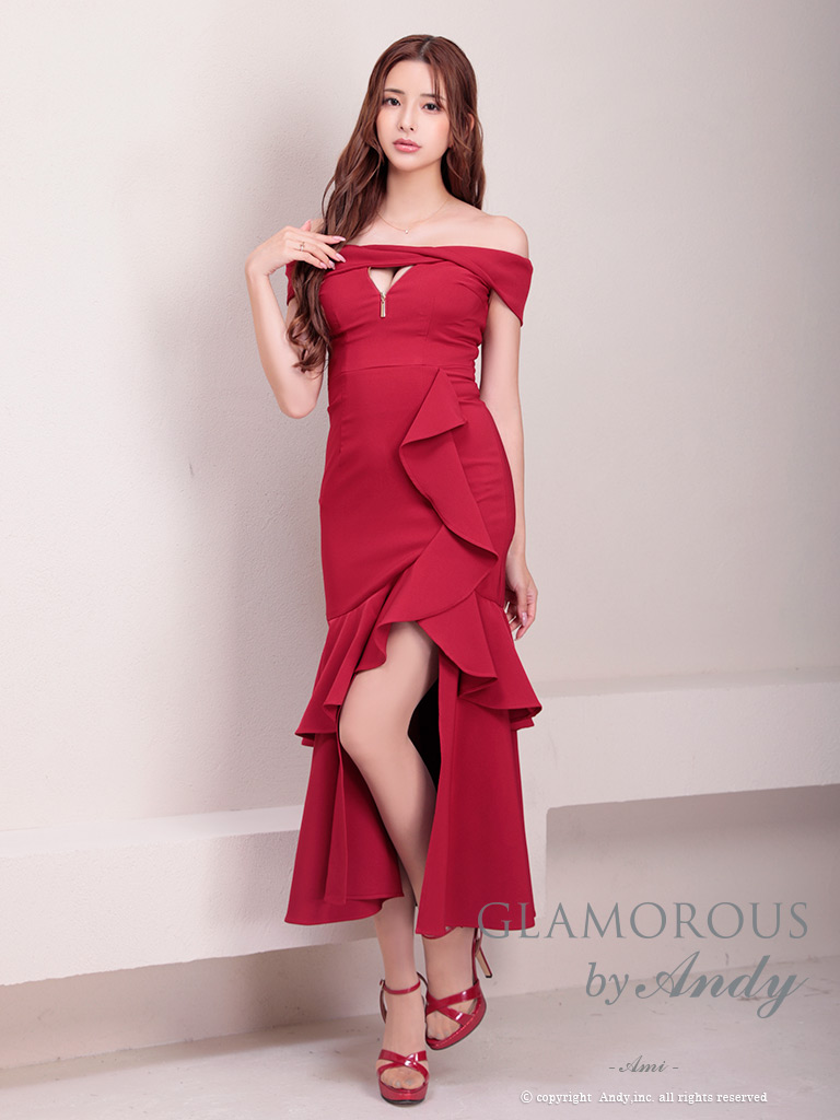 ワンカラー マーメイド スリット フリル ジップデザイン アシンメトリー オフショルダー 半袖 マーメイドロングドレスの全身フロント画像7